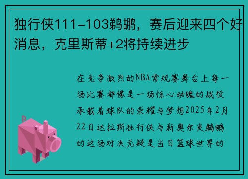 独行侠111-103鹈鹕，赛后迎来四个好消息，克里斯蒂+2将持续进步