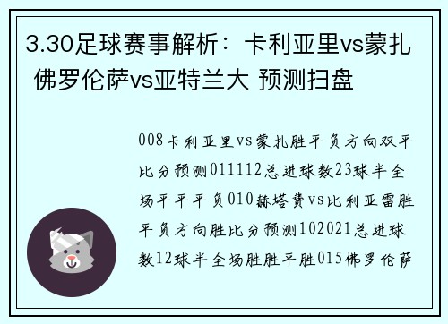3.30足球赛事解析：卡利亚里vs蒙扎 佛罗伦萨vs亚特兰大 预测扫盘