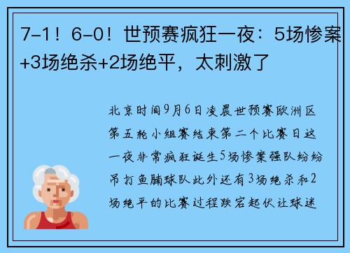 7-1！6-0！世预赛疯狂一夜：5场惨案+3场绝杀+2场绝平，太刺激了