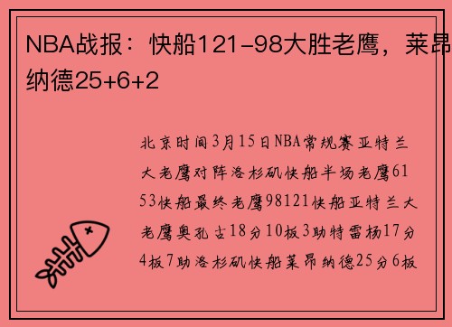 NBA战报：快船121-98大胜老鹰，莱昂纳德25+6+2