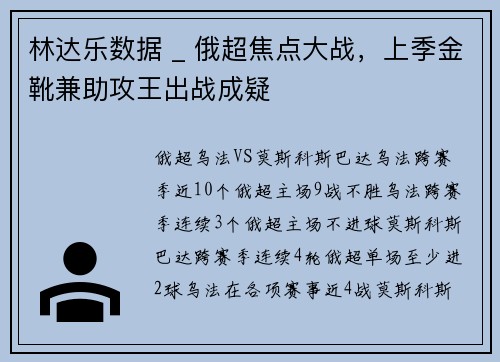 林达乐数据 _ 俄超焦点大战，上季金靴兼助攻王出战成疑